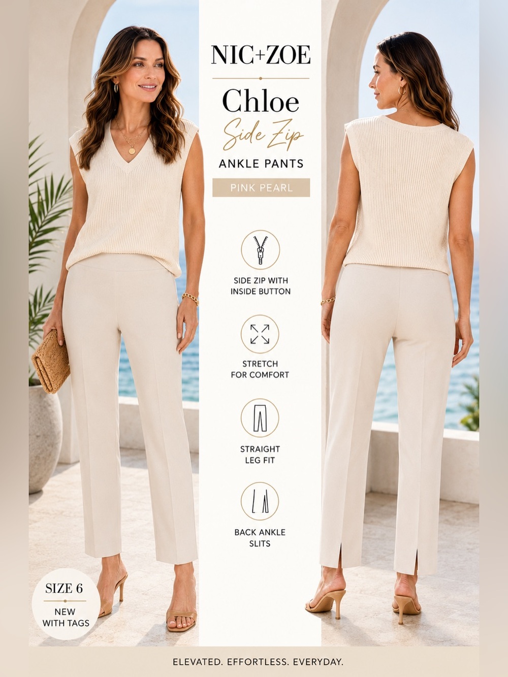 NIC+ZOE Chloe Side Zip Ankle Pants  women Size 6 Pink Pearl tan NEW crop casual